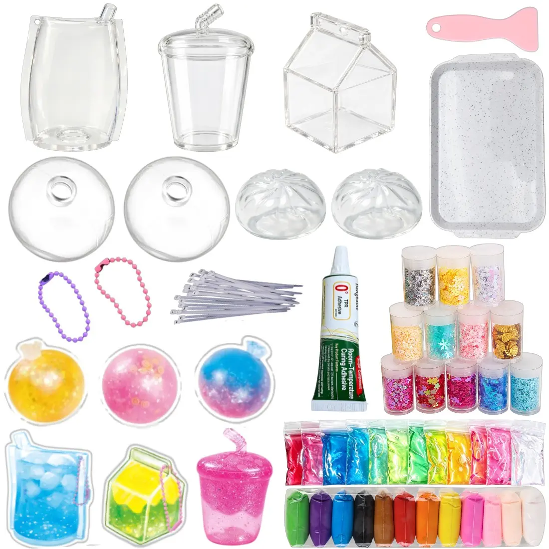 DIY Stress Relief Ball Kit, Squishy Fun Set, includes 12 colors of slime, 12 colors of clay, 12 colors of glitter powder, 7 blank skins, and DIY tools. This kit allows you to knead stress relief balls. It is suitable for making stress-reducing soft balls