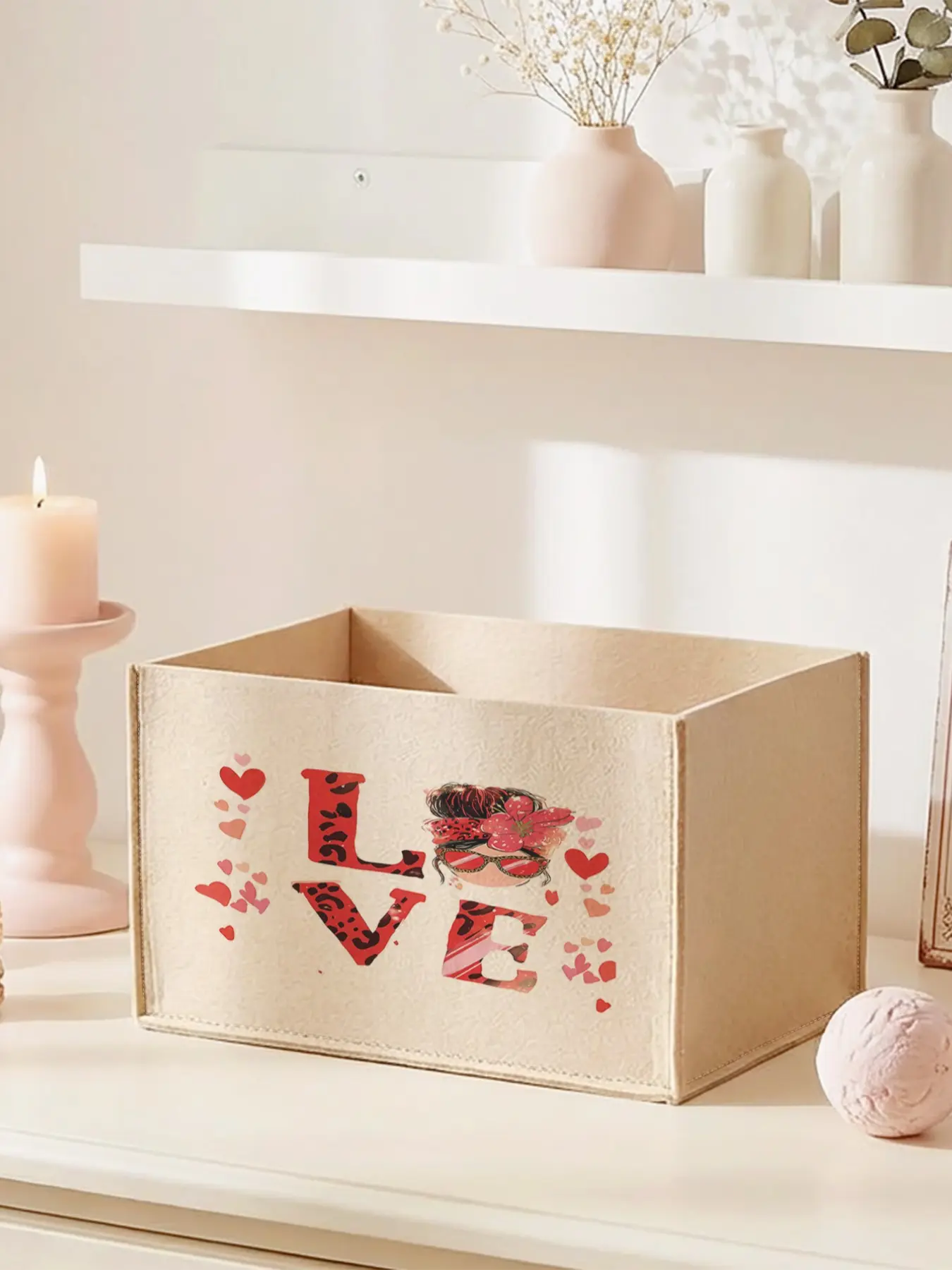 Open Storage Box with Love Pattern, 2D Printed Desktop Organizer, Custom Design for Stationery, Miscellaneous Items, Cosmetics, Declutter Your Desk