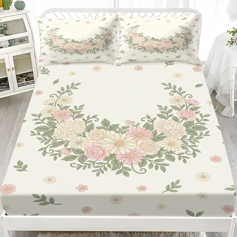 3-Piece Vintage Pastel Floral Bed Sheet Set, Romantic Rose, Hydrangea, Daisy Patterns, Elastic Mattress Cover, Bedroom Decor