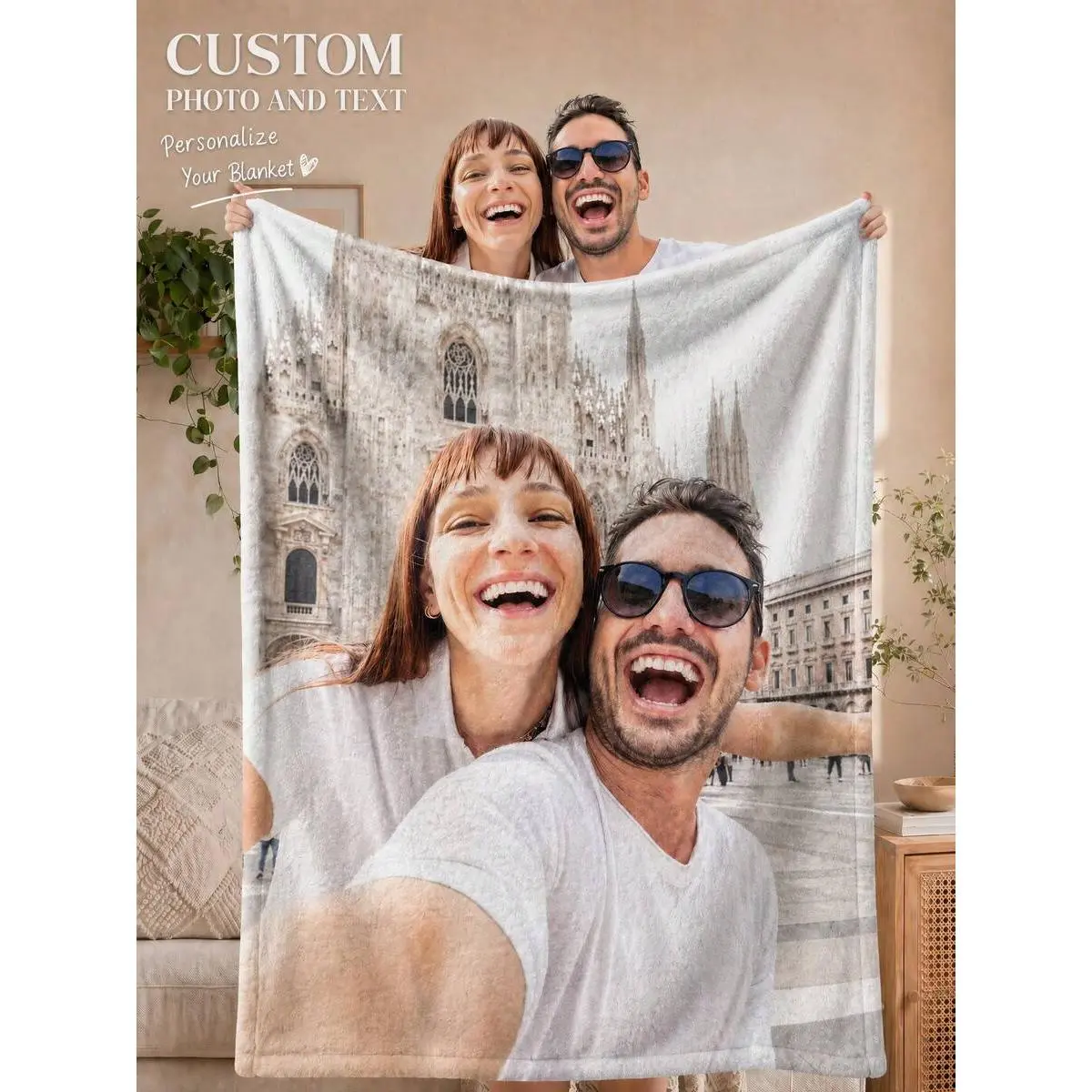 Personalized 1 Photo Top Text Flannel Throw Blanket, Custom Full Picture Name Date Soft Cover, Cozy Warm Sentimental Gift for Her Him Loved Ones, Aesthetic Memory Home Decor for Couch Sofa Bed, Summer AC Nap Blanket, Wedding Birthday Keepsake