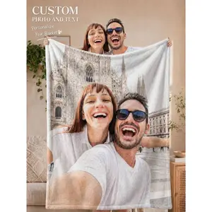 Personalized 1 Photo Top Text Flannel Throw Blanket, Custom Full Picture Name Date Soft Cover, Cozy Warm Sentimental Gift for Her Him Loved Ones, Aesthetic Memory Home Decor for Couch Sofa Bed, Summer AC Nap Blanket, Wedding Birthday Keepsake