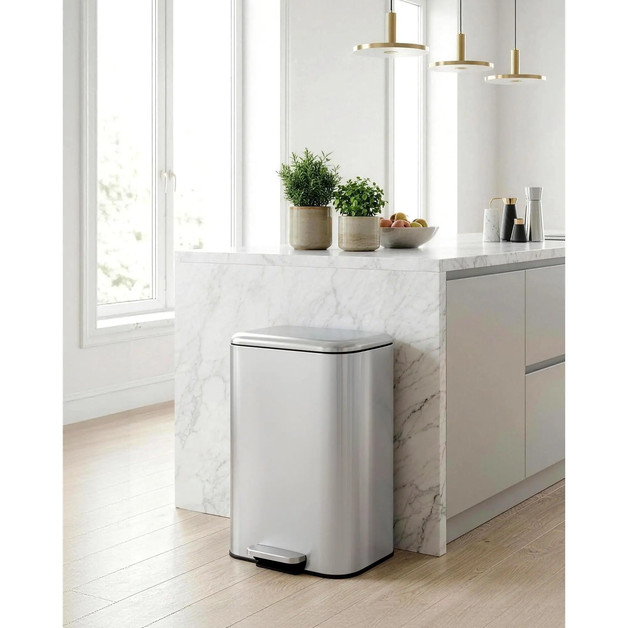 GARVEE 50L 13 Gallon Stainless Steel Waste Bin with Hands-Free Step Pedal, Soft-Close Lid, and Removable Inner Bucket - Durable Silver Rectangular Garbage Can for Home, Bathroom, and Office Use