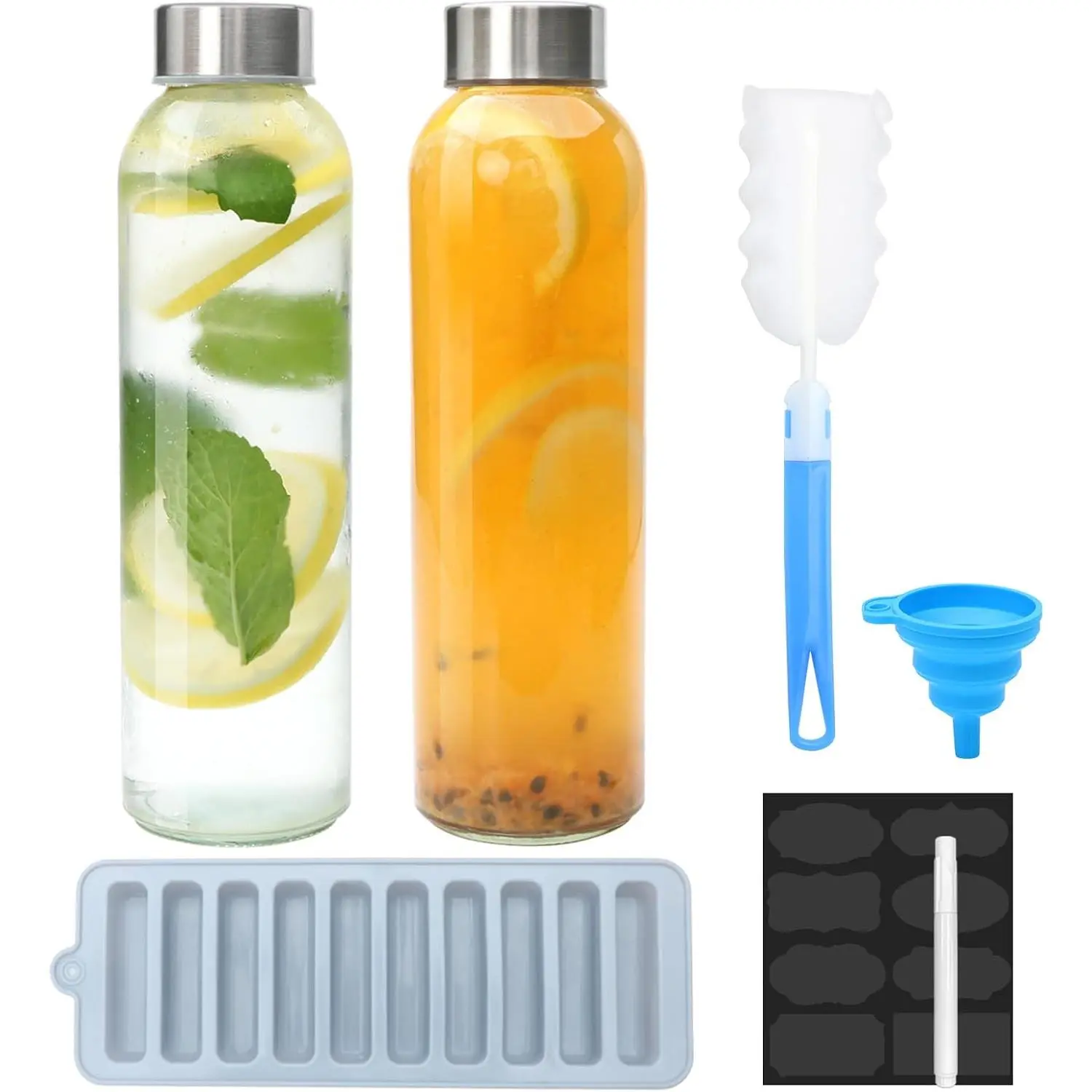 Glass Water Bottle,16 oz Glass Bottles with ,2pcs Juice Bottles | Clear Glass Water Bottles 16 oz with Stainless Steel Airtight Cap ,Juice Beverage Container, Leak Proof,Set of 2