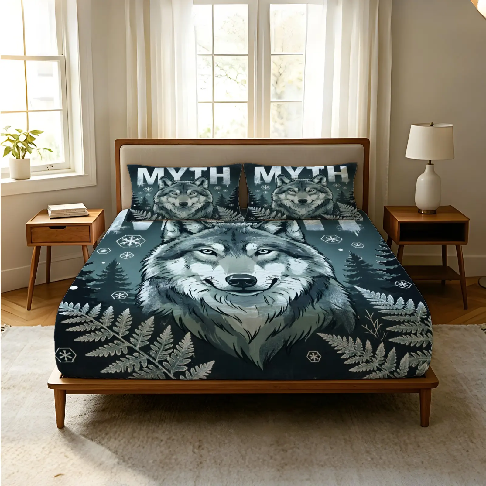 3-Piece American Retro Wild Wolf Head Cool Guy Print Fitted Sheet Set with English Posters in Multiple Colorways, Machine Washable Polyester Fabric, Full-Wrap Anti-Slip Mattress Protection Design, Suitable for All Ages as Year-Round Bedroom Decor