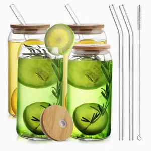 Glass Cups with Bamboo Lids and Straws 4pcs Set, 20oz Can Shaped Drinking Beer Glasses, Iced Coffee Cups, Cute Tumbler with 1 Cleaning Brush, Ideal for Cocktail, Whiskey, Tea, Gift