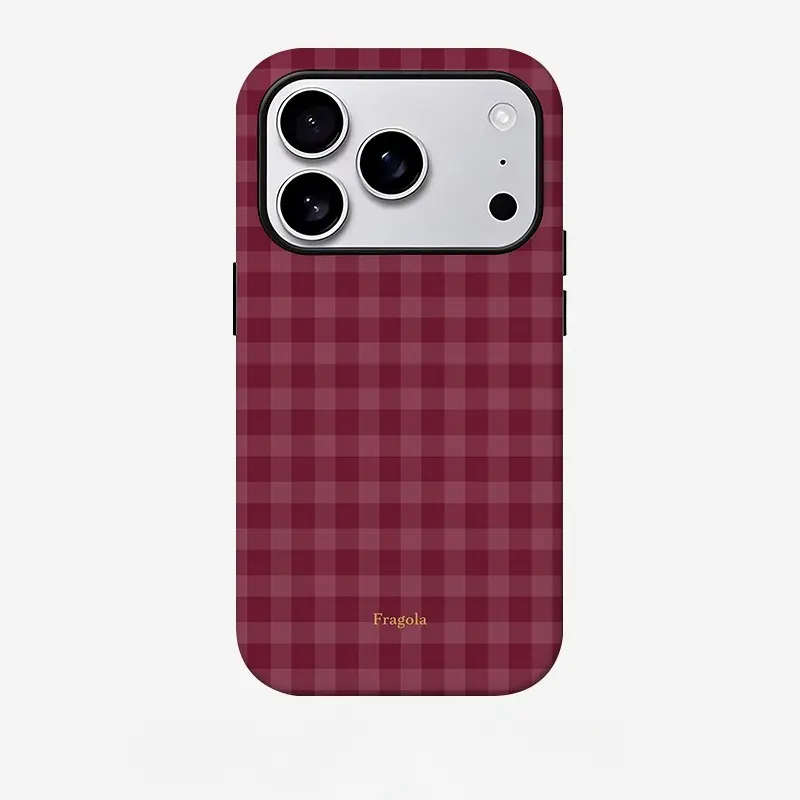 Burgundy checkered 2-in-1 film phone case, sturdy and durable 2-in-1 protective case, compatible with iPhone 17/16/15/14/13/12/11 Pro Max/Plus/Pro, Samsung Galaxy S26/S25/S24/S23/22/21 series, simple and stylish phone case, perfect birthday gift.