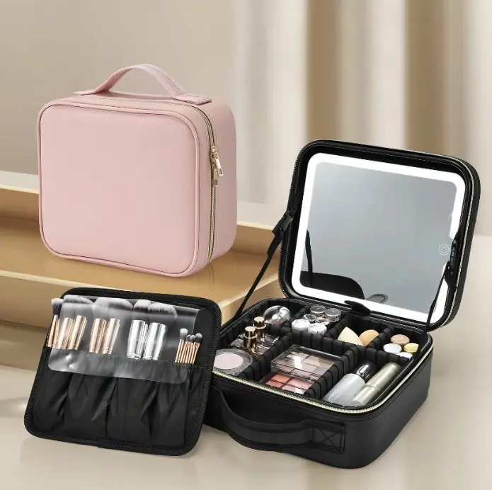 Travel Makeup Bag With LED Mirror Portable Cosmetic Train Case with with Adjustable Dividers Makeup Brush Holder Storage