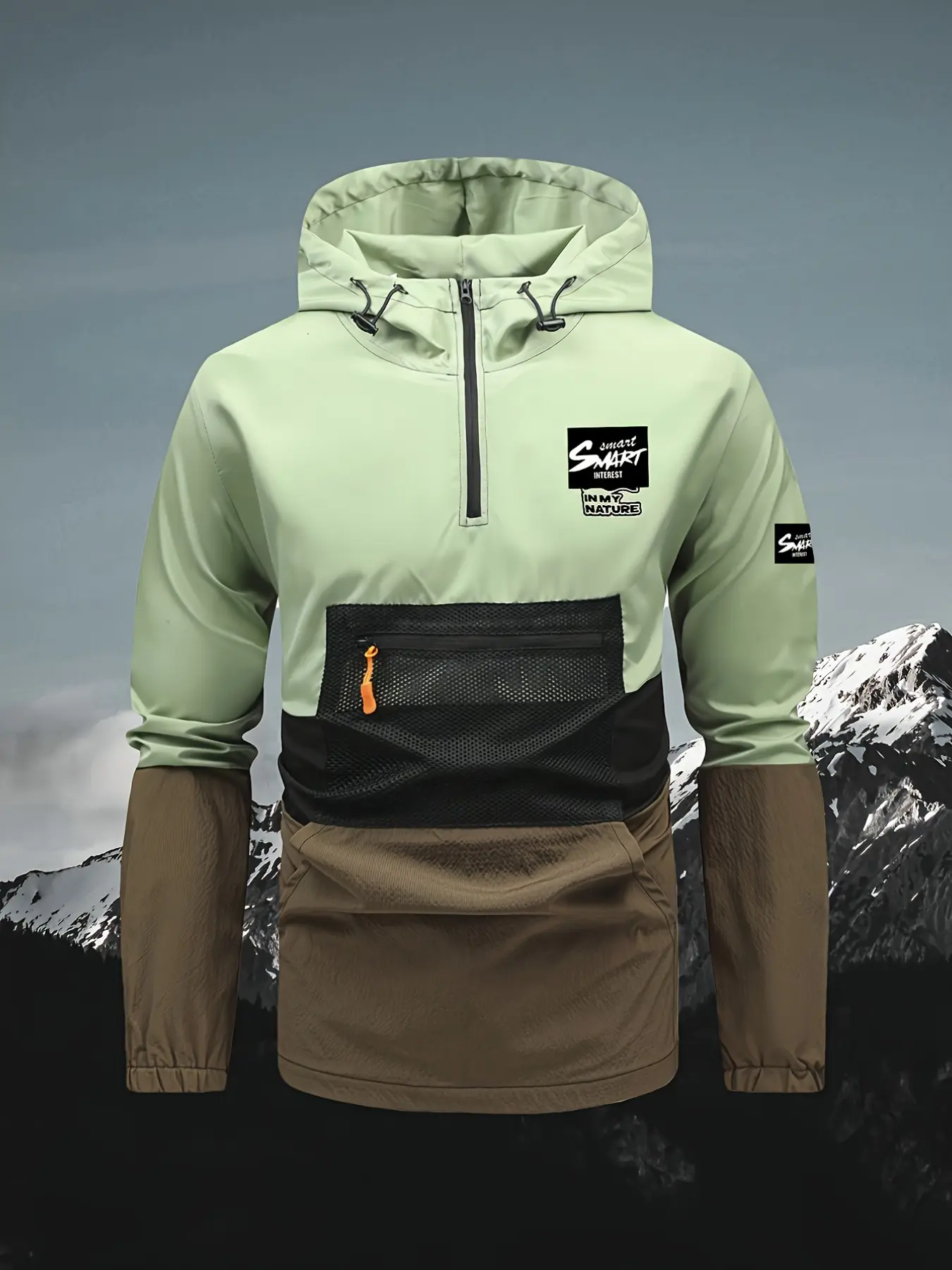 Men's Colorblock Hooded Windbreaker Jacket, Waterproof Half-Zip Pullover Coat, Lightweight Outdoor Hiking Camping Vest, Street Style Loose Fit, Athletic Jacket