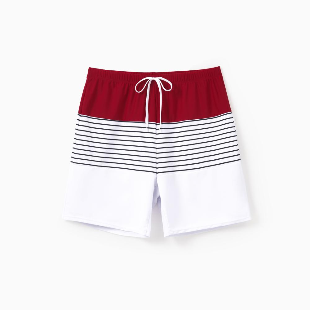 PatPat Family Matching Swimsuits Red Striped One-Shoulder Bikini or Colorblock Swim Trunks Matching Beachwear Outfits for Summer, Cruise, Vacation