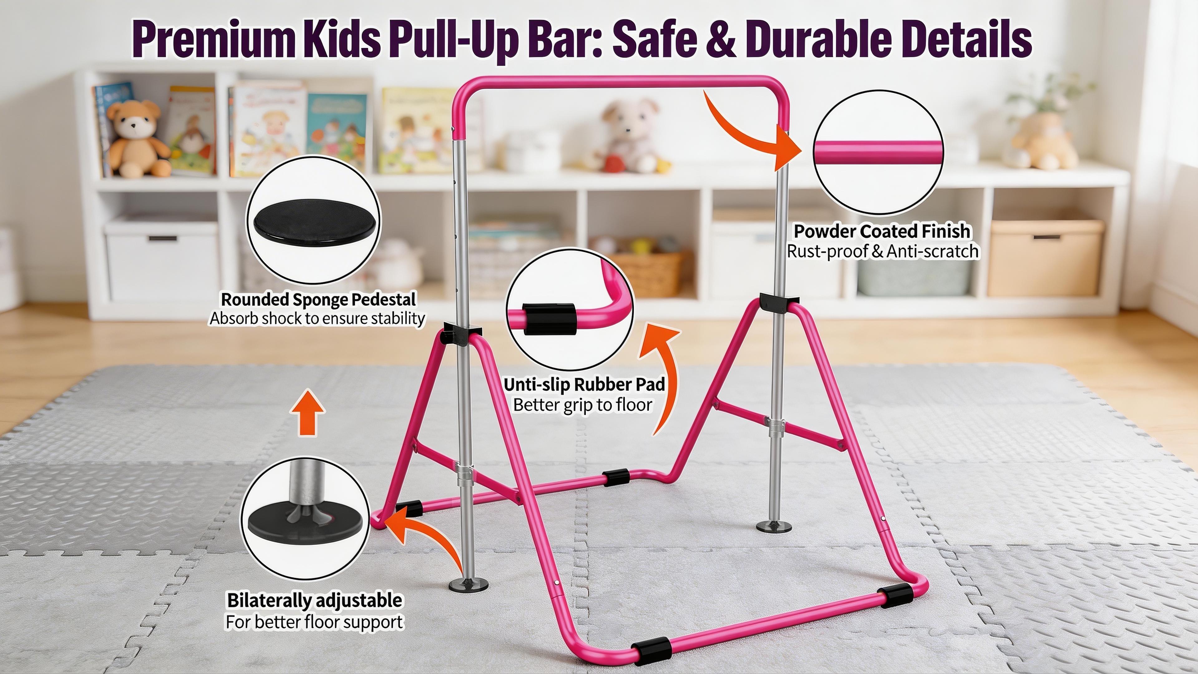 Aobtkel Gymnastics Bar for Kids withRings, Adjustable Height Folding Horizontal Bars,Junior GymnAdjustable Kids Gymnastics Bar - Foldable Horizontal Bar for Home, Safe Sturdy Training Equipment for Children, Perfect for Pull-Ups, Stretching, and Physical