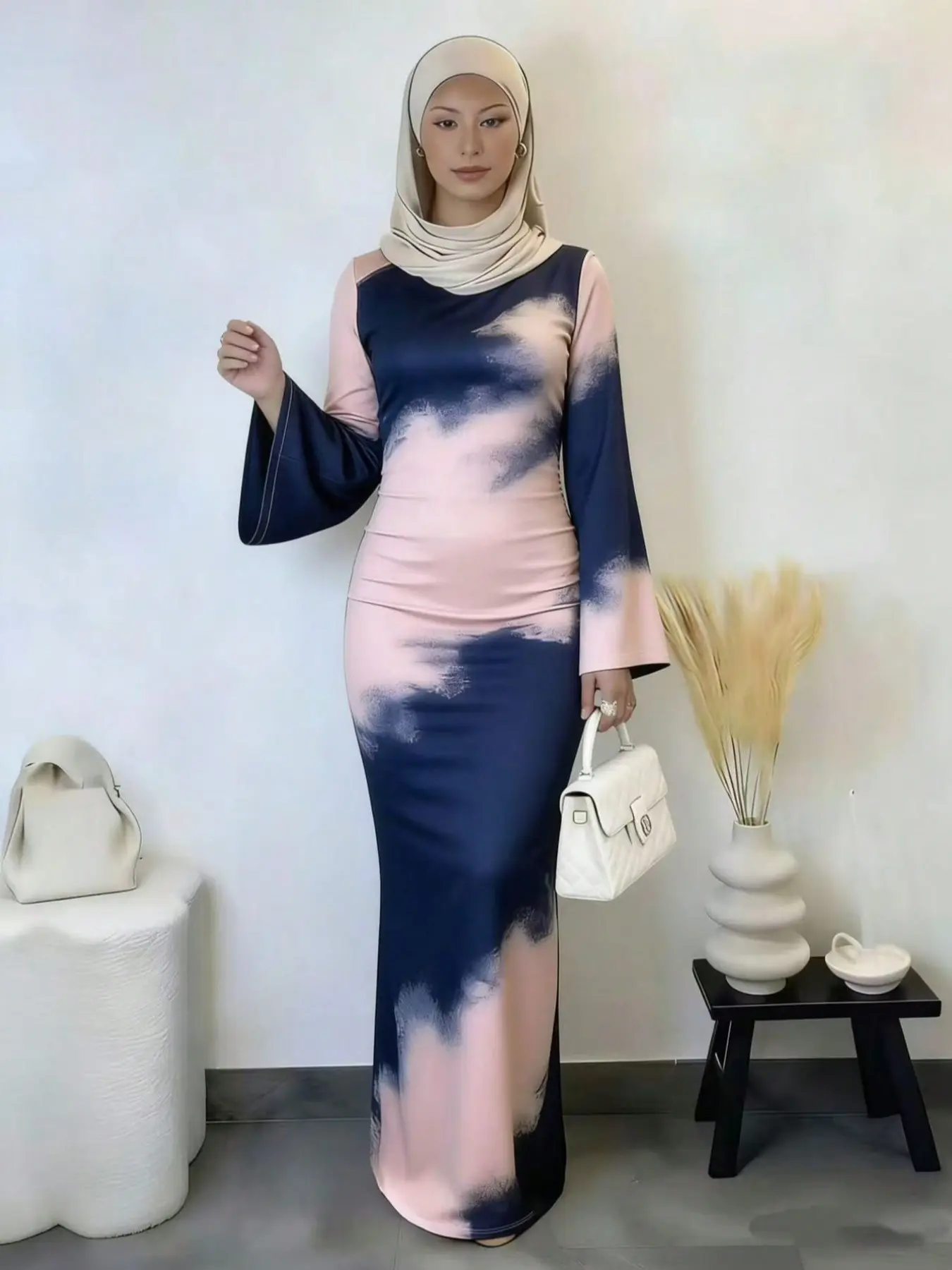 Tie Dye Gradient Bodycon Abaya Maxi Dress, Stretch Knit Fabric, Flared Sleeve Ruched Mermaid Skirt, Modest Outfit For Women Dating Party Daily Commute, Modest Muslim Outfits