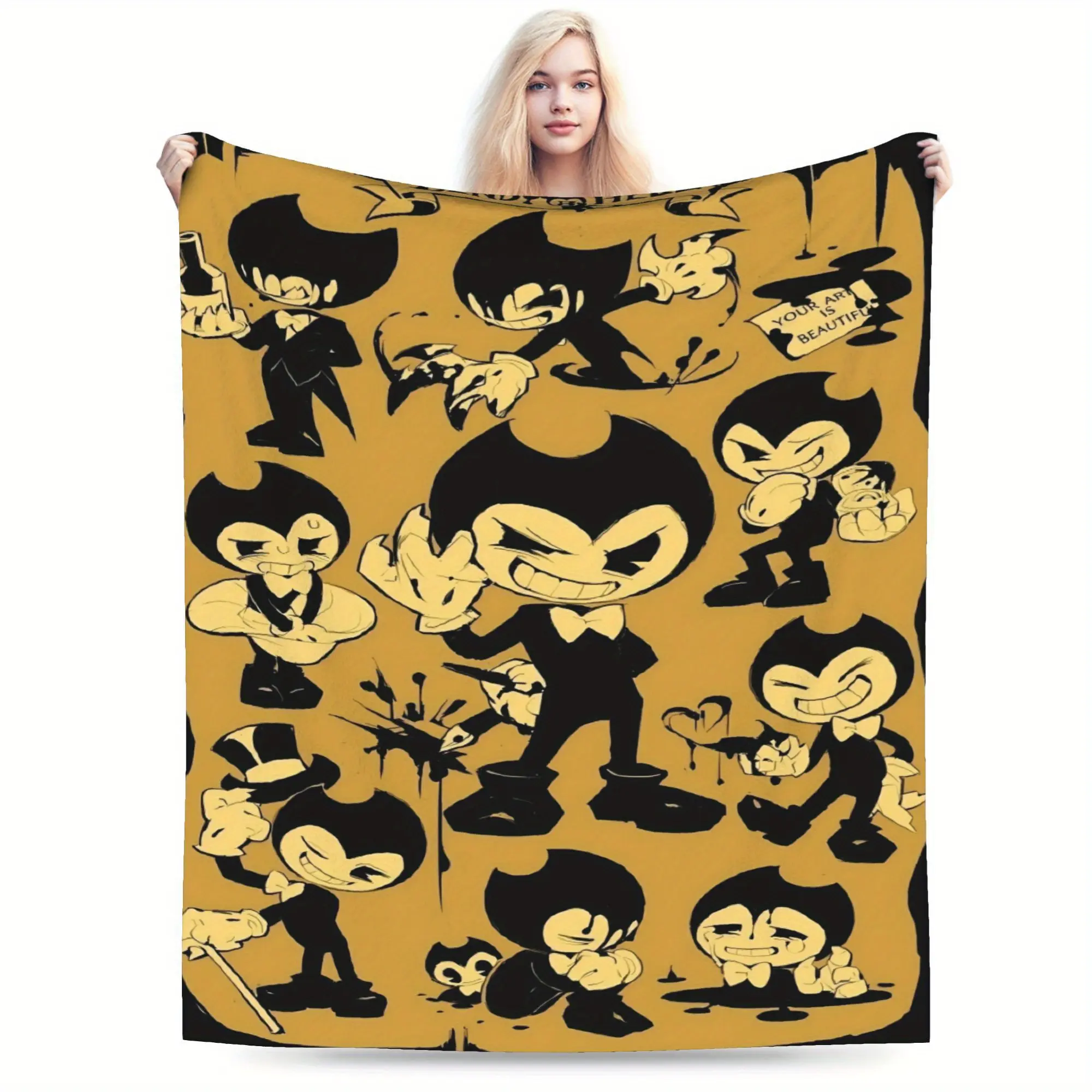 Bendy game character flannel blanket - machine washable, soft and warm for all seasons, essential for bed, sofa, travel, and camping - perfect gift for Halloween & Christmas