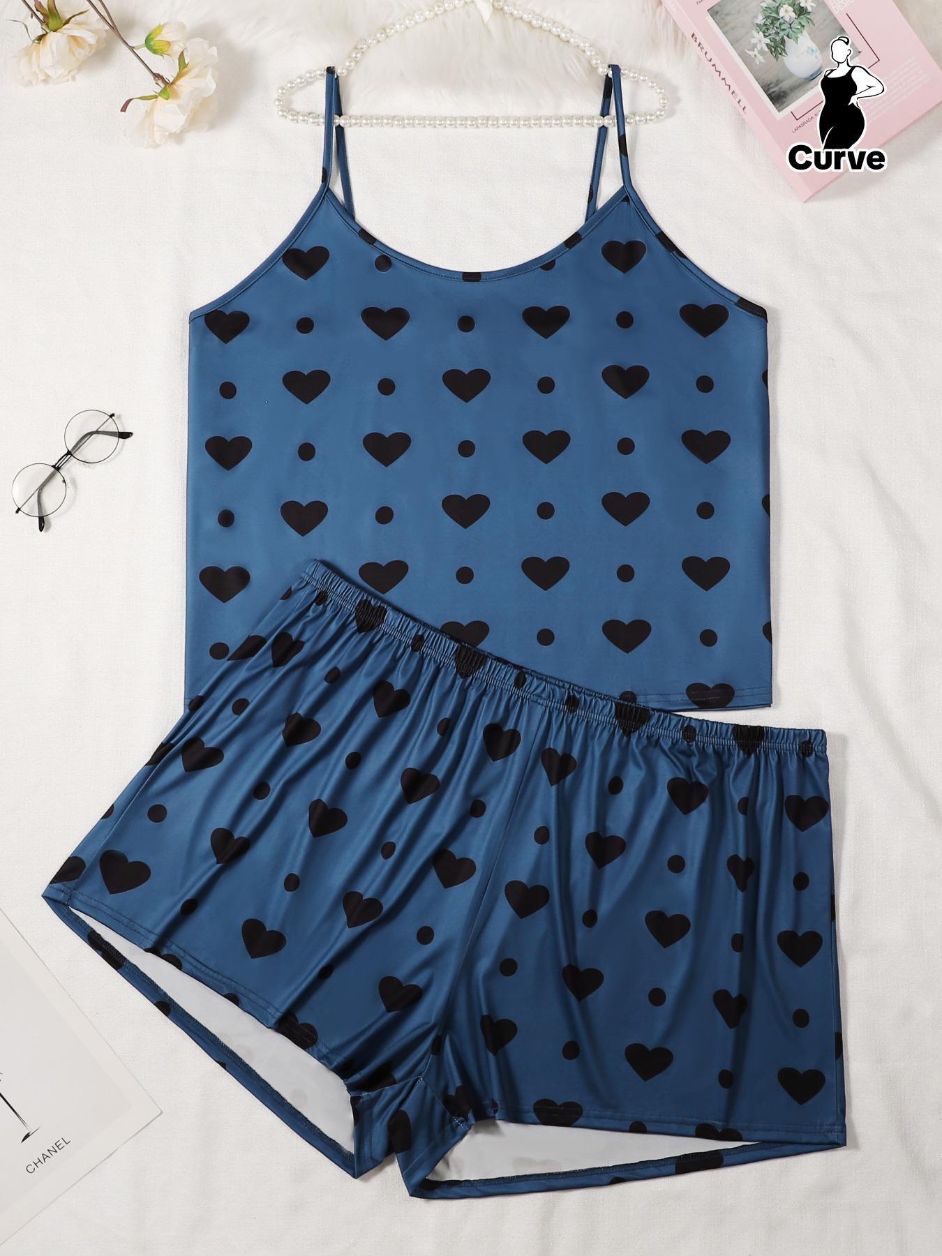 [Plus Size] Heart Polka Dot Print Pyjama Set, Casual Spaghetti Strap Cami Top & Elastic Waist Shorts Pj Set, Women's Sleepwear & Loungewear, Pajama Set