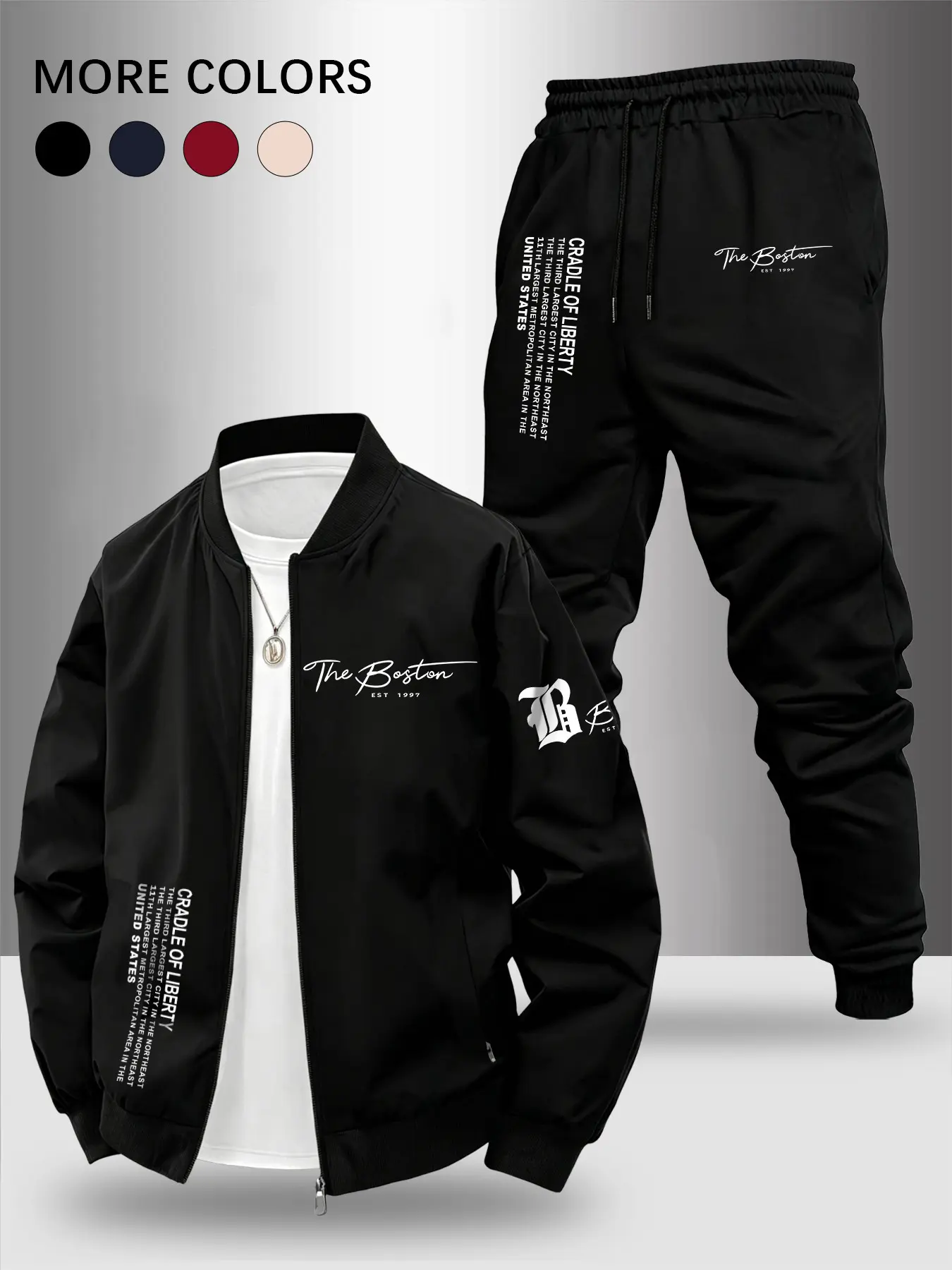 Men's Spring Summer Sportswear Set, Jacket + Pants, High-End Boston Art Letter Design, Ideal for Daily Wear, Outdoor Activities, Running