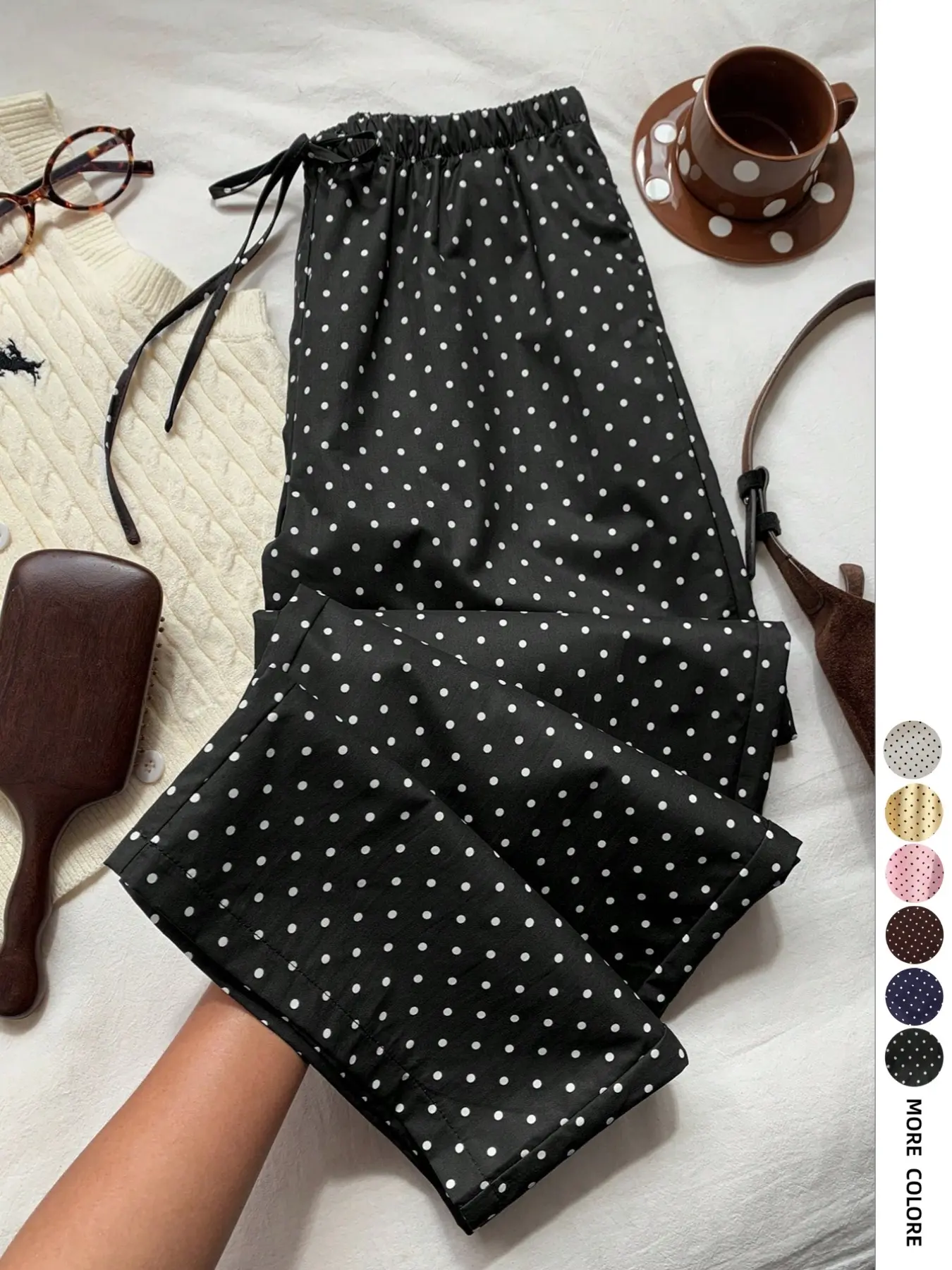 Women's Polka Dot Waist Wide Leg Pants, Casual Loose-Fitting Trousers, Fashionable All-Season Long Pants, Perfect for Daily Wear