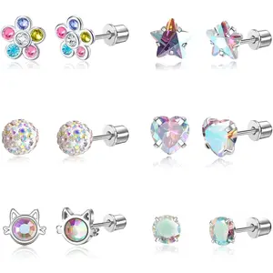 12 Pairs Toddler Hypoallergenic Titanium Screw Back Earrings for Girls Women,Surgical Stainless Steel Cute Flower Pearl Star Cubic Zirconia Flat Back Stud Earrings for Sensitive Ears