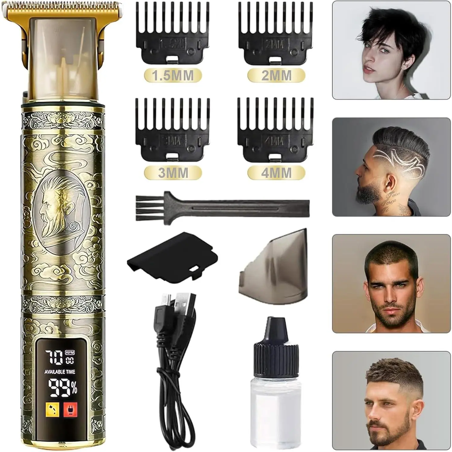 Men's Cordless Electric Hair Clippers with LED Display and T-Blade Beard Trimmer, Professional with 4 Guide Combs Kit, USB Rechargeable Facial Hair Trimmer for Men - Easy Haircuts at Home    （Translation note: The product name and features are translated