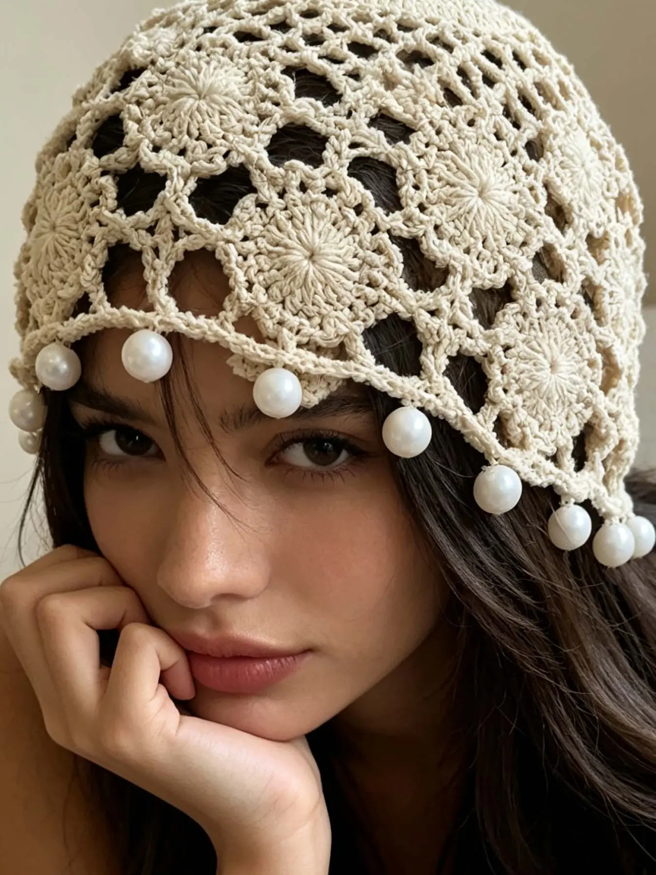 Handmade Crochet Hat Bohemian Beaded Fringe Hollow Flower Hair Accessory, Vintage Headpiece for Holiday Travel, Casual Street Fashion, Daily Wear, Women's Fashion Accessories