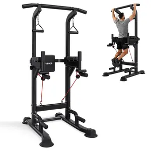 VEVOR Pull Up Bar, 330 LBS Power Tower Dip Station, Workout Dip Station with H-Shaped Stable Base & Back Pad, Adjustable 12 Level Height Free Standing Chin Up Bar for Back, 4-Level Adjustable Back Pa