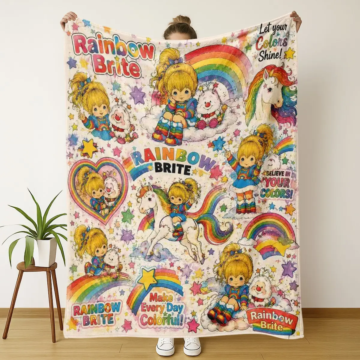 Rainbow Brite Rainbow Unicorn Flannel Blanket, Soft Fleece Throw, Vintage Cartoon Star Cloud Print, Sofa Bed Couch Room Decor, Decorative Blanket, Flannel Printed Blanket