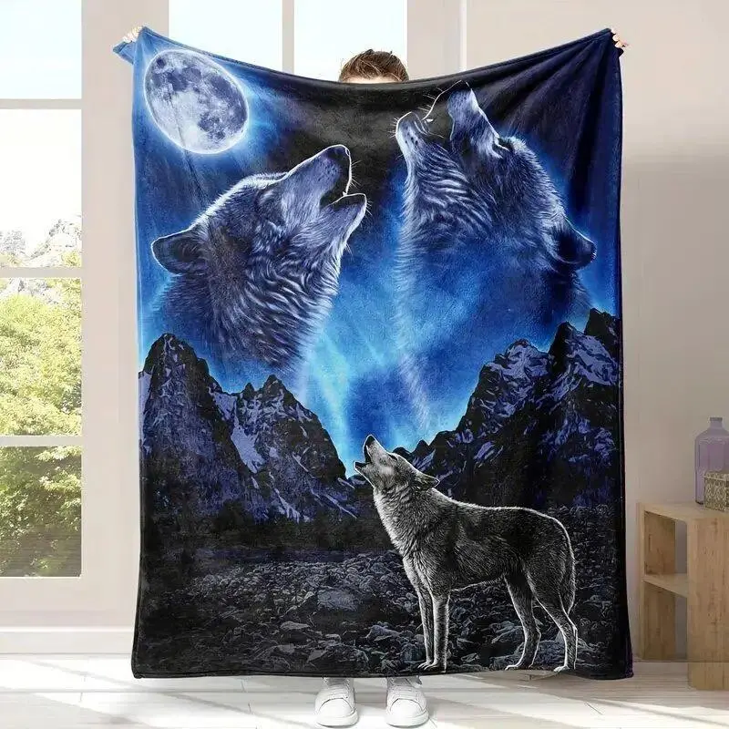 Stylish Wolf Print Soft Fluffy Cozy Warm Flannel Throw Blanket, Multifunctional Home Office Travel Bedroom Decor, Matches cooling blankets pillows couch cover for sofa bedding set comforter set, Birthday Holiday Warm Gift For Friends