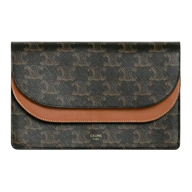 Celine Triomphe Classic Monogram Coated Canvas and Lambskin Trim Wallet Crossbody Bag for Women in Tan