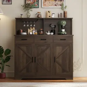 Spacious Farmhouse Entryway Storage Cabinet – Wood Sideboard Buffet with Barn Doors, Drawers & Shelves – Versatile Coffee Bar, Microwave Stand for Kitchen, Dining or Living Room