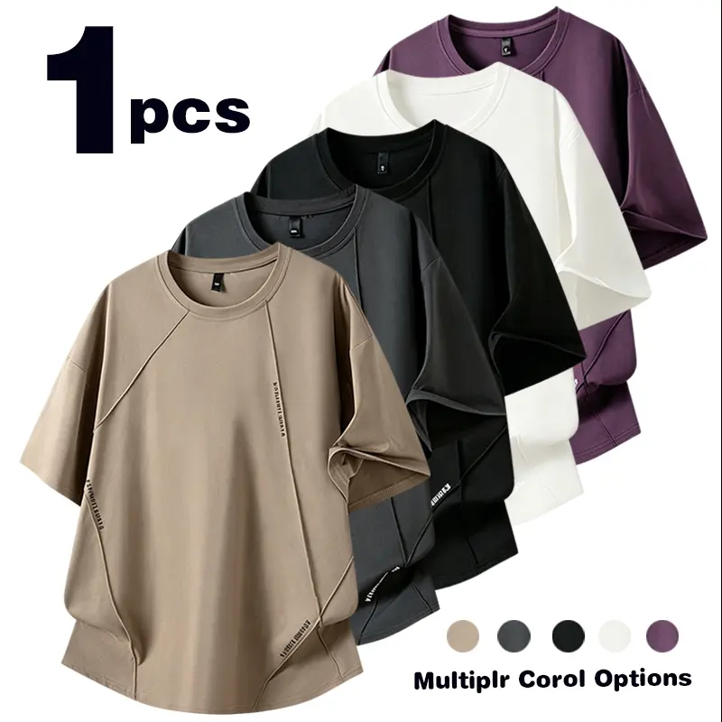 High street niche diagonal cut split five quarter sleeve men's trendy casual curved hem hanging breathable round neck T-shirt