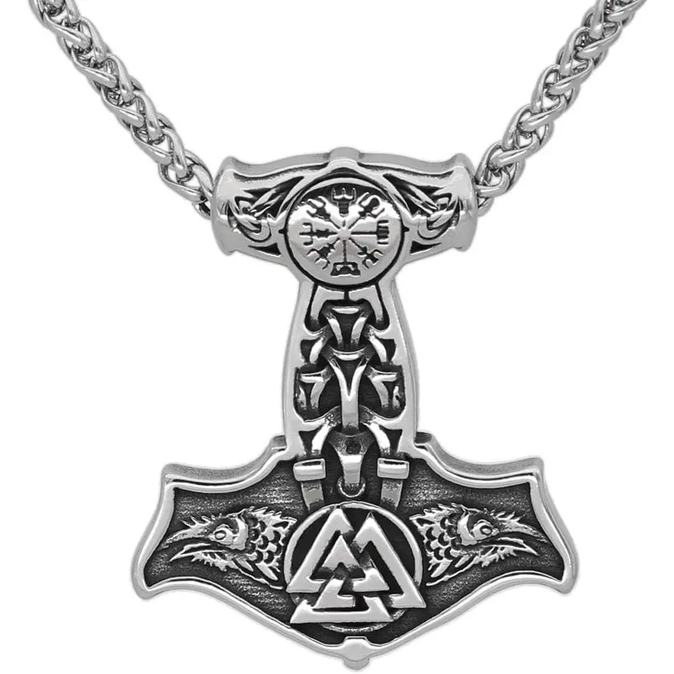 Nordic  Mjolnir Thor Hammer Valknut Stainless Steel Necklace for Men with Valknut  Bag