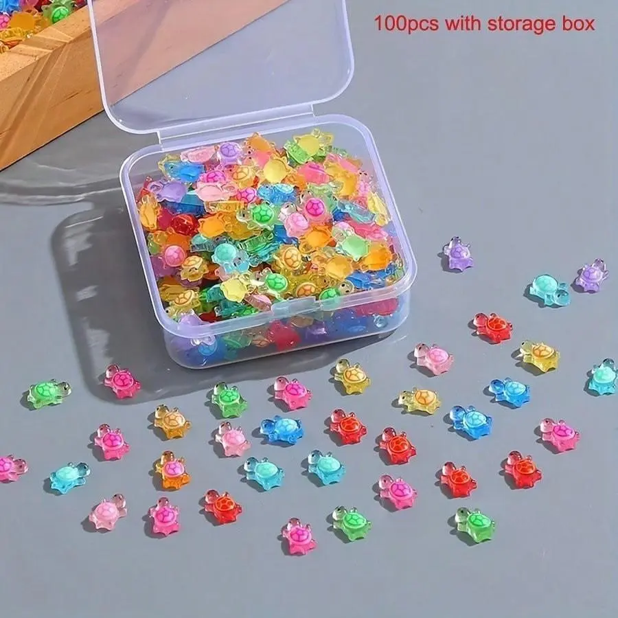Resin Mini Turtle Pendant Set, 100/200 Pieces with Storage Box, Glossy Flat-Bottomed, Multicolor, Ideal for DIY Crafts & Scrapbooking