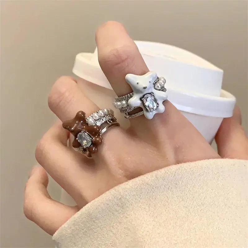 Y2K Aesthetic Cute Teddy Bear Rings Pearl Decor Sweet Retro Kawaii Adjustable Finger Jewelry for Women Trendy Daily Accessory