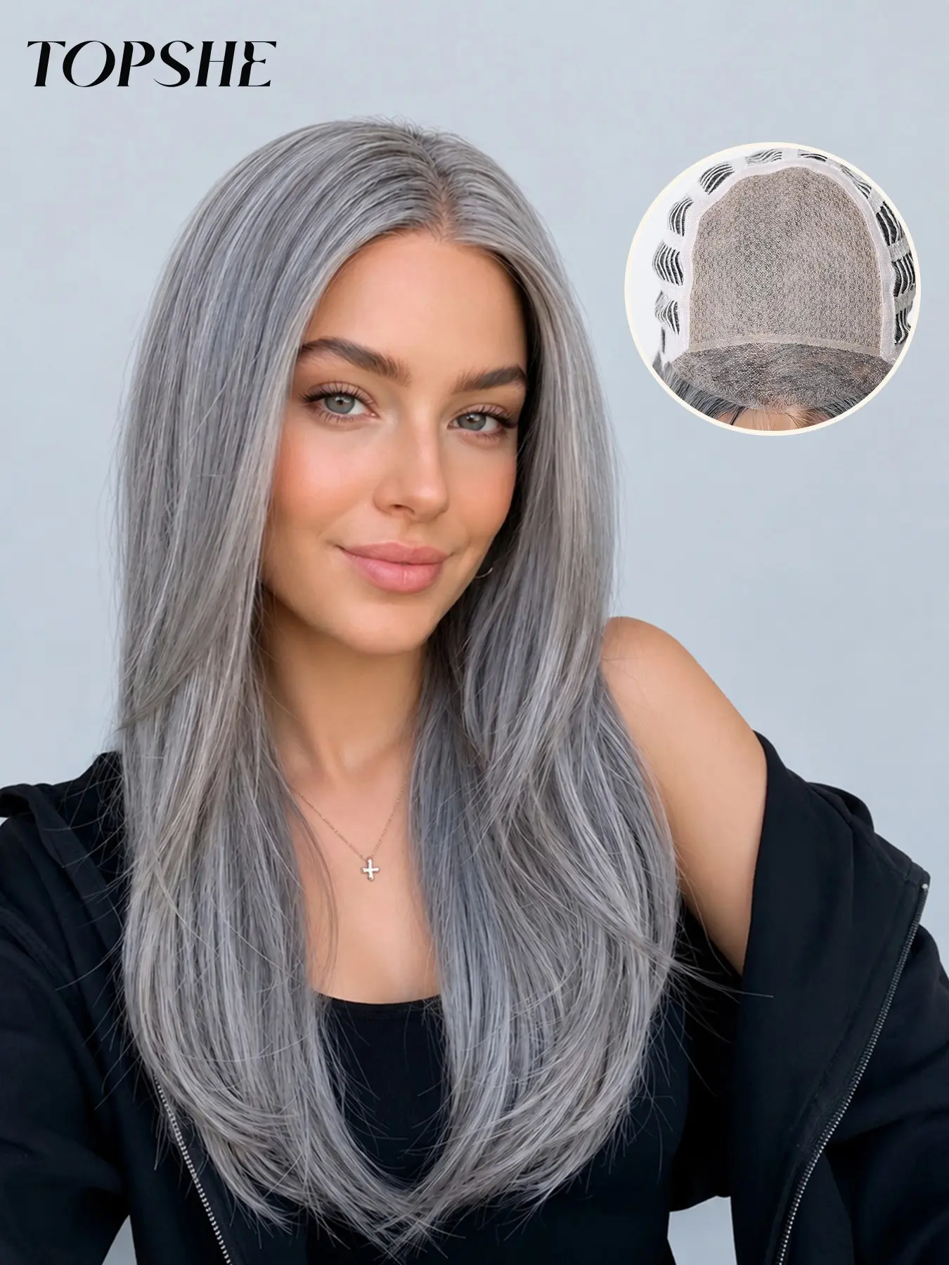 Topshe Mono Wig 22 Inches Silver Color Straight Hair, Natural Scalp Effect, Durable Mesh, Comfortable No Glue, Daily Use for Women, Synthetic Straight Wig