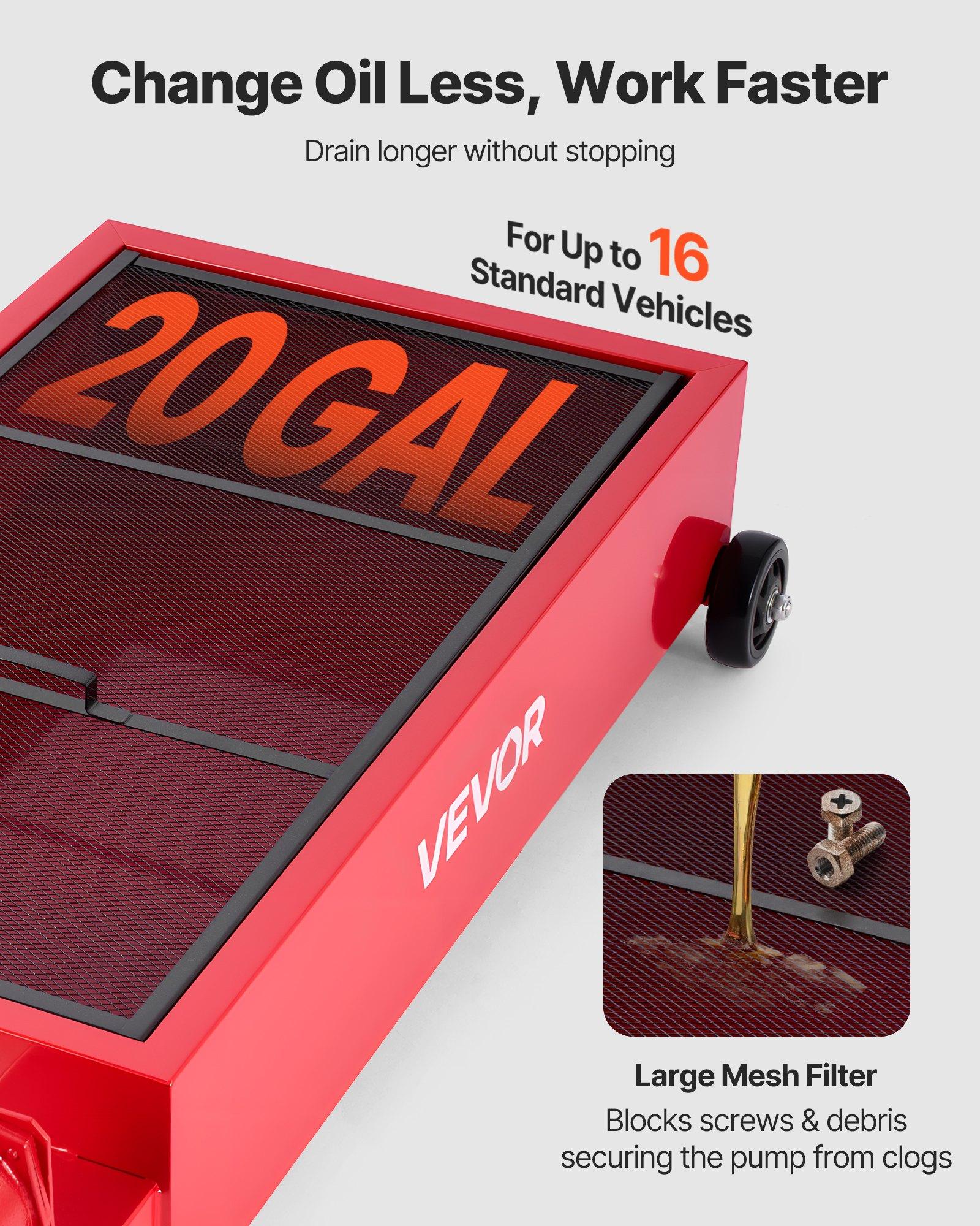 VEVOR Low Profile Oil Drain Pan, 20 Gallon Capacity, Rolling Oil Drain Pan with Manual Pump, 7.2 ft Hose & T Folding Handle, Leak-proof & Corrosion-resistant, Fit for Cars, SUVs, Trucks, ATVs, Red VEVOR Low Profile Oil Drain Pan, 20 Gallon Capacity, Rolling Oil Drain Pan with Manual Pump, 7.2 ft Hose & T Folding Handle, Leak-proof & Corrosion-resistant, Fit for Cars, SUVs, Trucks, ATVs, Red