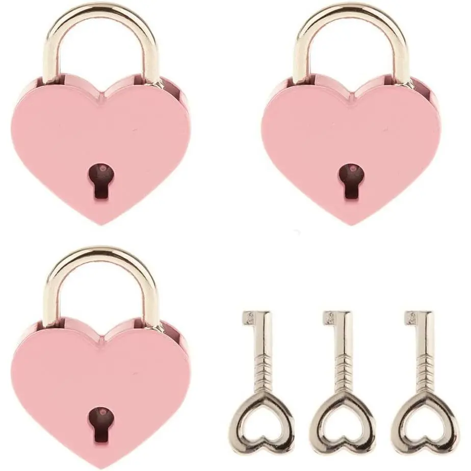 3 count Small Metal Heart Shaped Padlock Mini Lock with Key for  Storage Box Diary Book,