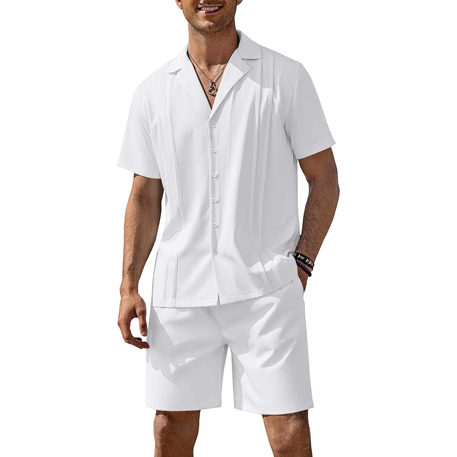 Men's 2 Piece Short Set Guayabera Button Down Shirt Casual Summer Beach Outfit(Gift)