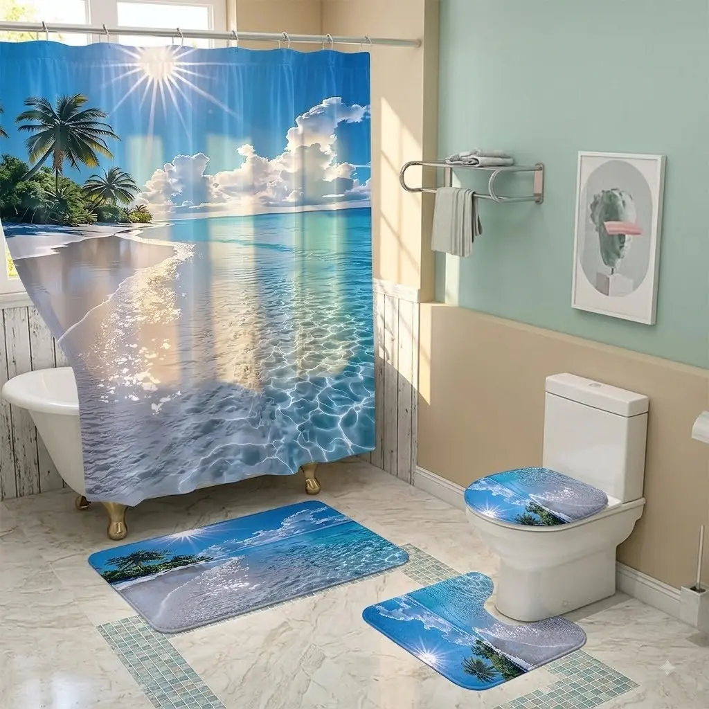 4pcs Tropical Beach Palm Tree Clear Ocean Sunshine Shower Curtain Set with Toilet Seat Cover & Bathroom Mats,The floor mat fabric is thicker and softer!  Coastal Seaside Nature Scenery Bathroom Decor Kit for Summer Home Bathroom Refresh