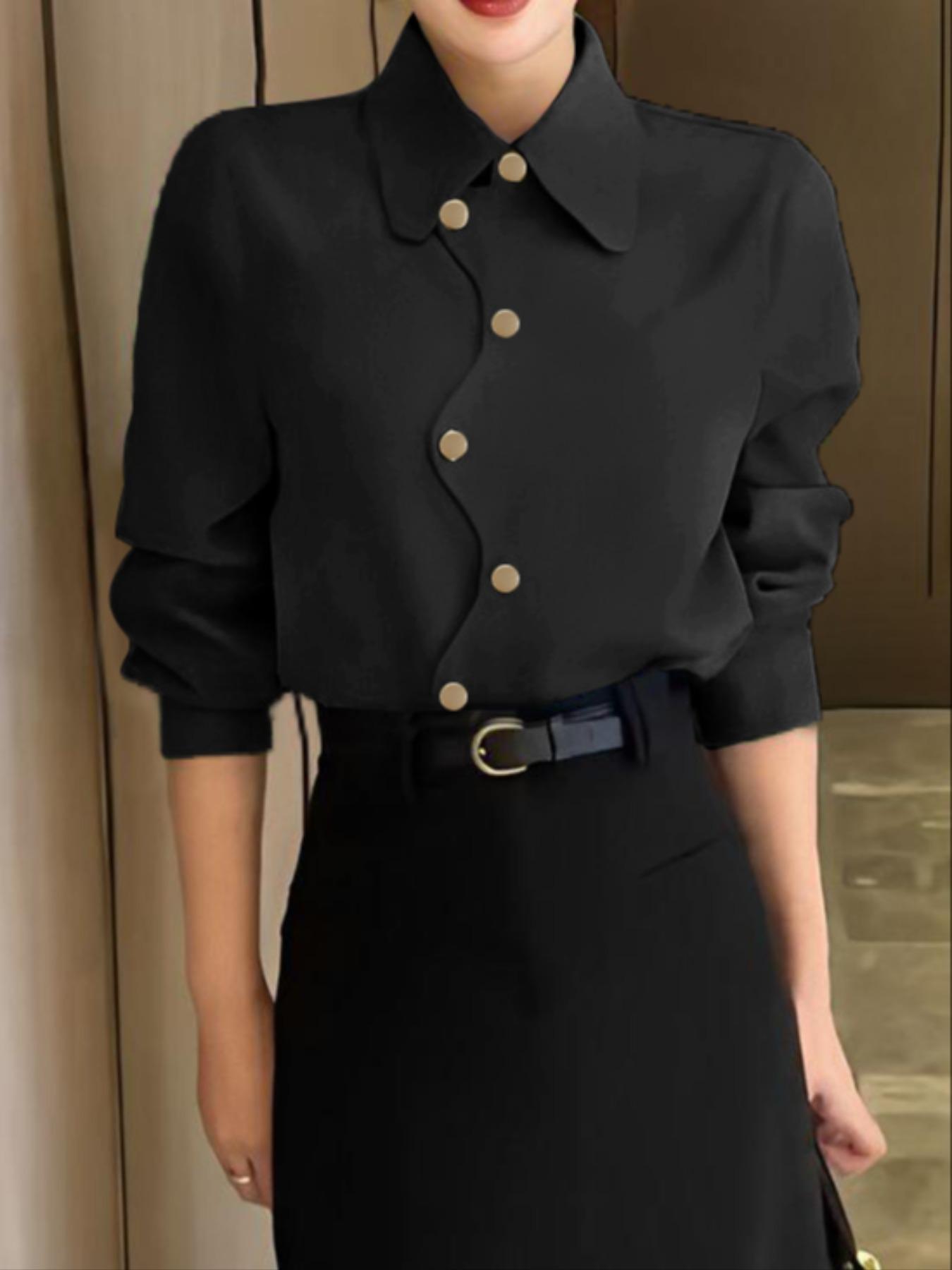 Women's Plain Button Shirt Blouse, Casual Long Sleeve Top for Daily Wear, Ladies Clothes for All Seasons, Chic Womenswear