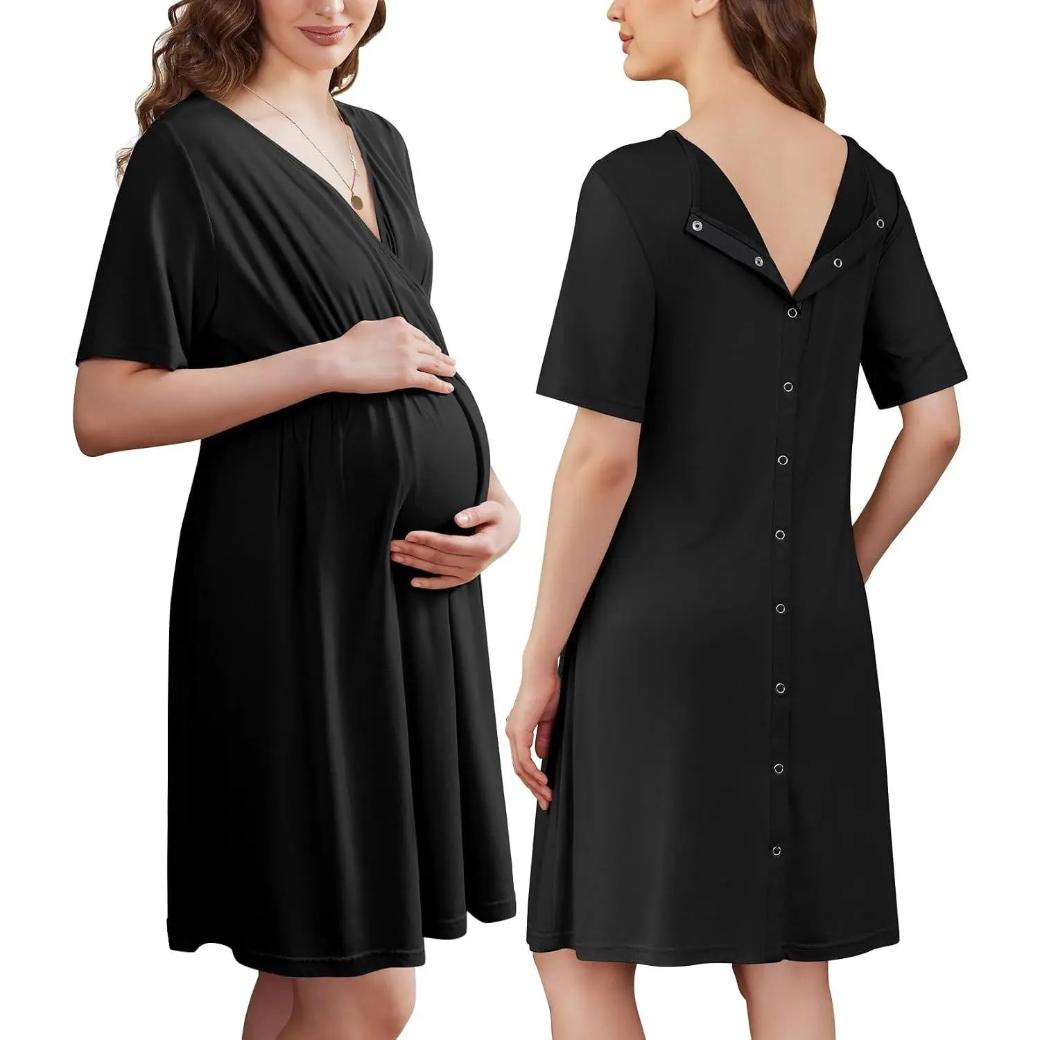 Women's Labor and Delivery Gown for Hospital V Neck Maternity Nursing Dress | Birthing Gown, Open Back Button Closure, Skin-Friendly, Short Sleeve, Split Front Flap, Stretchy, Breastfeeding, C-SectionGift