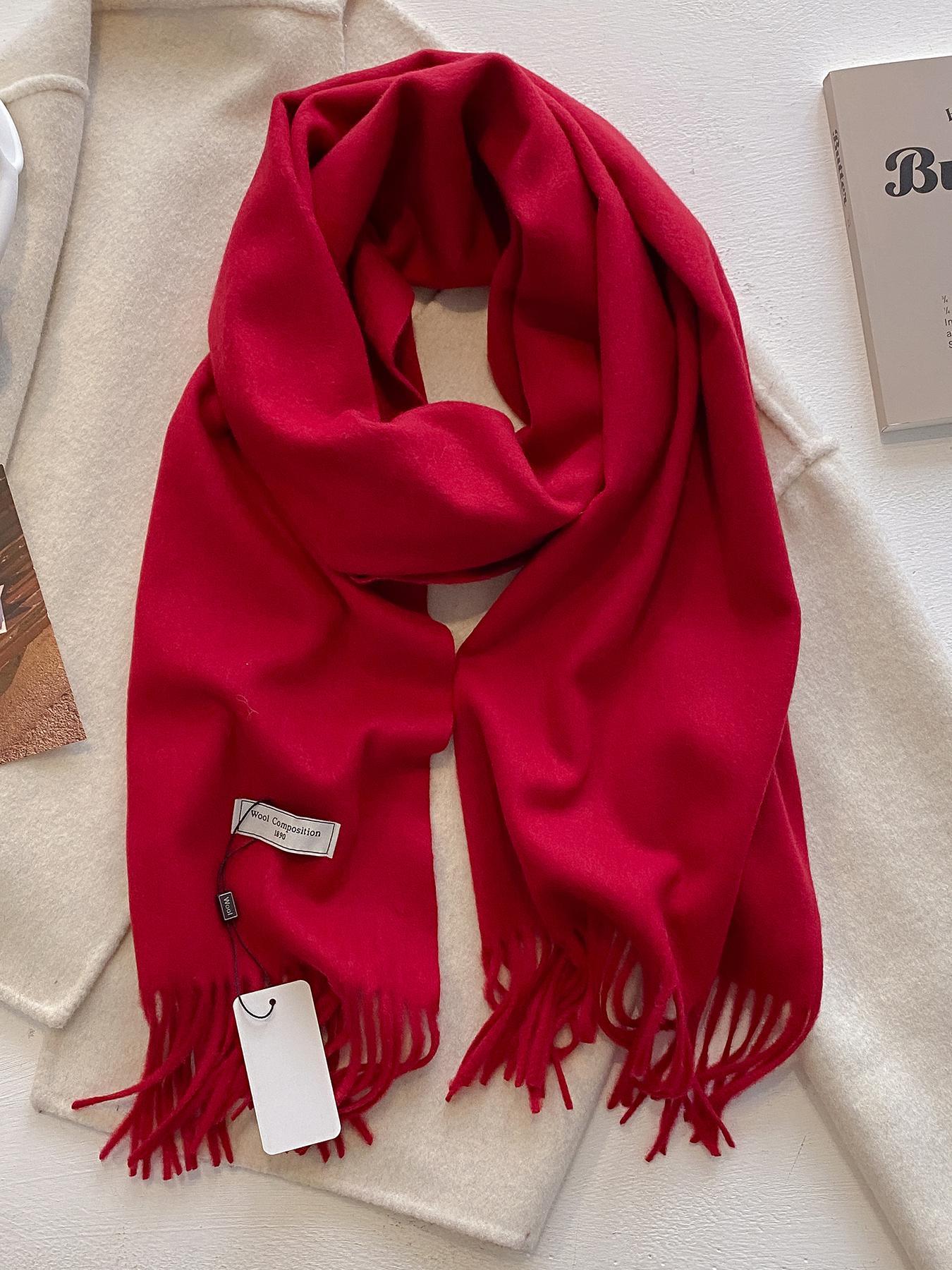 Women's Solid Color Tassel Decor Scarf, Casual Soft Warm Shawl for Fall & Winter, Fashion Accessories for Daily Wear, Fluffy Soft Scarf