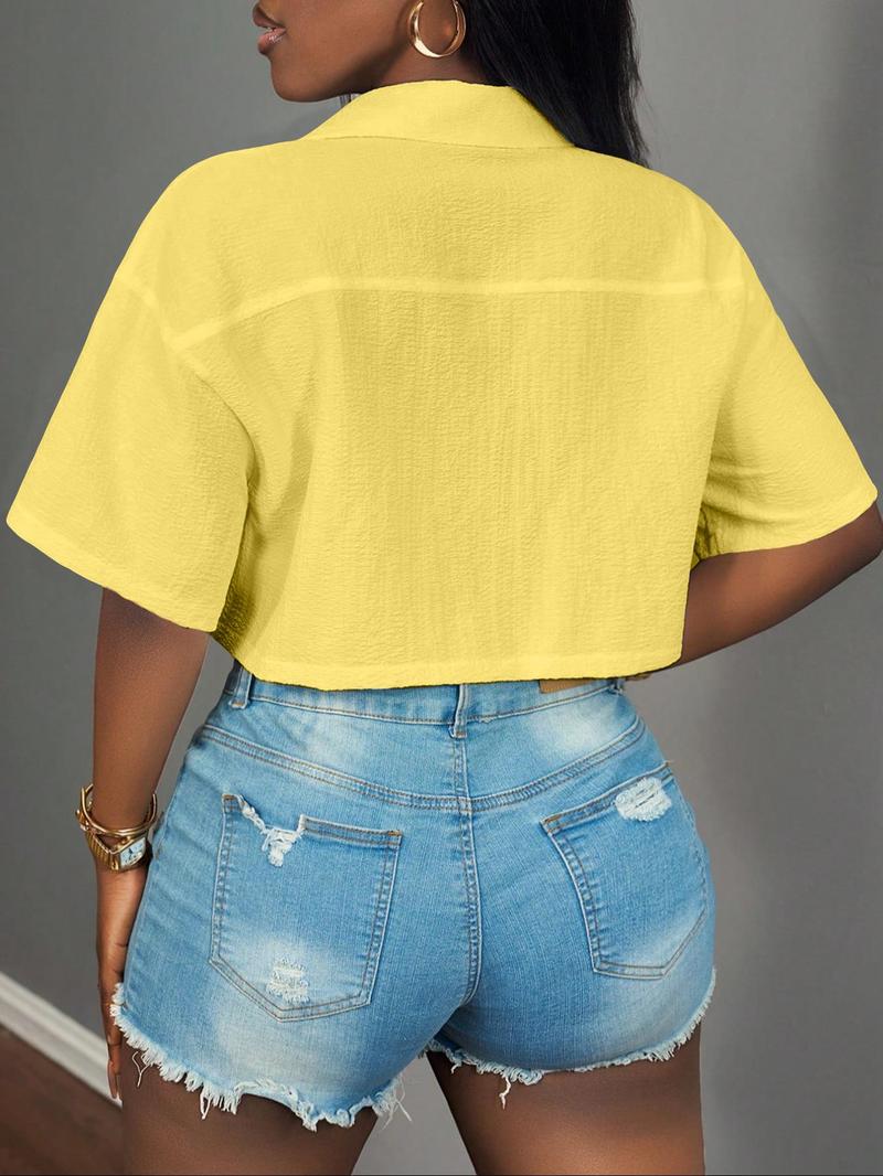 Women's Solid Color Short Sleeve Shirt, Casual Elastic Pocket Design Crop Top for Summer, Women's Clothing for Daily Wear, Casual Comfy Shirt