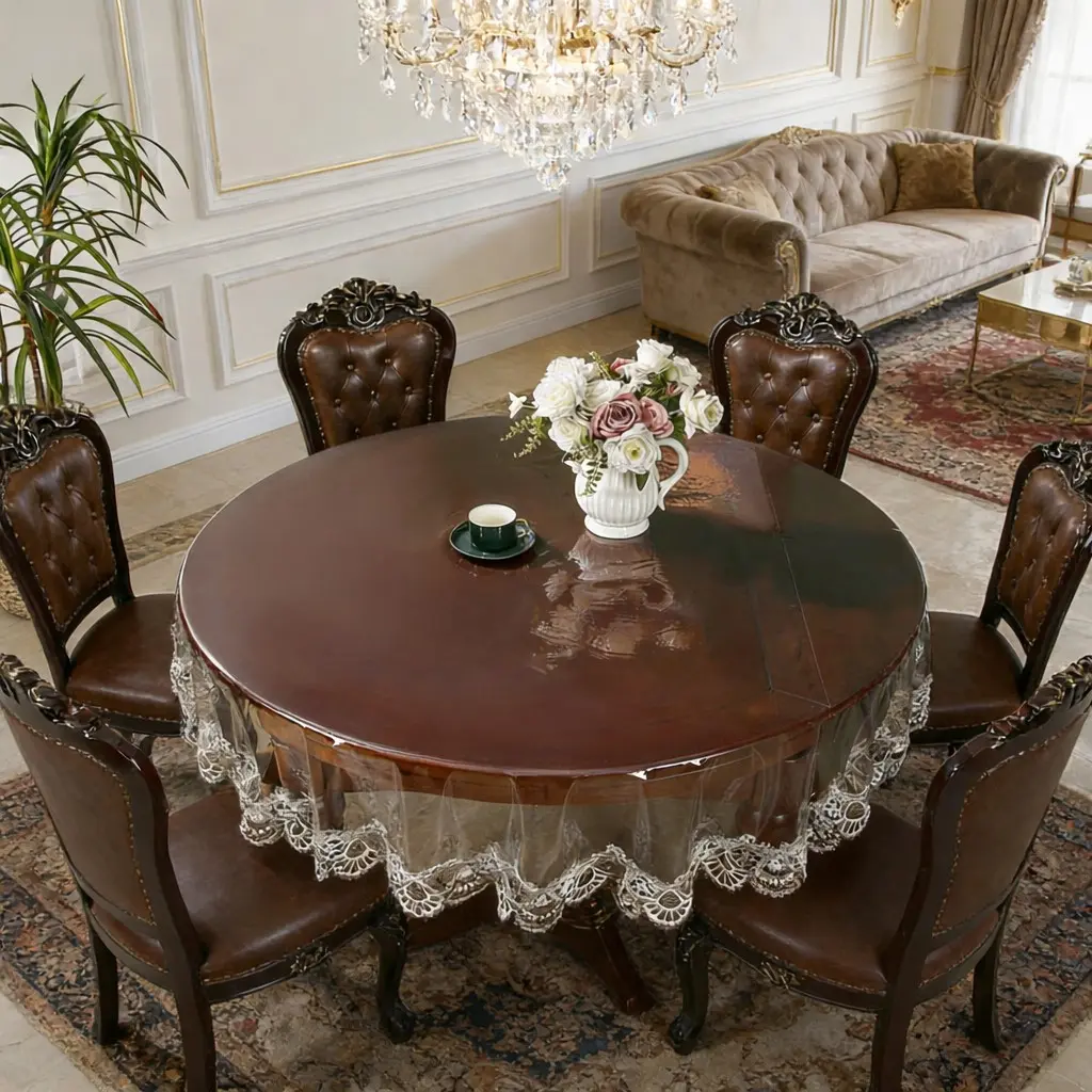 Waterproof Transparent Round Tablecloth with Lace, Heat-Resistant PVC, Easy Clean, Reusable, Elegant, Ideal for Home, Kitchen, Party, Wedding, Valentine's Day, Table Setting