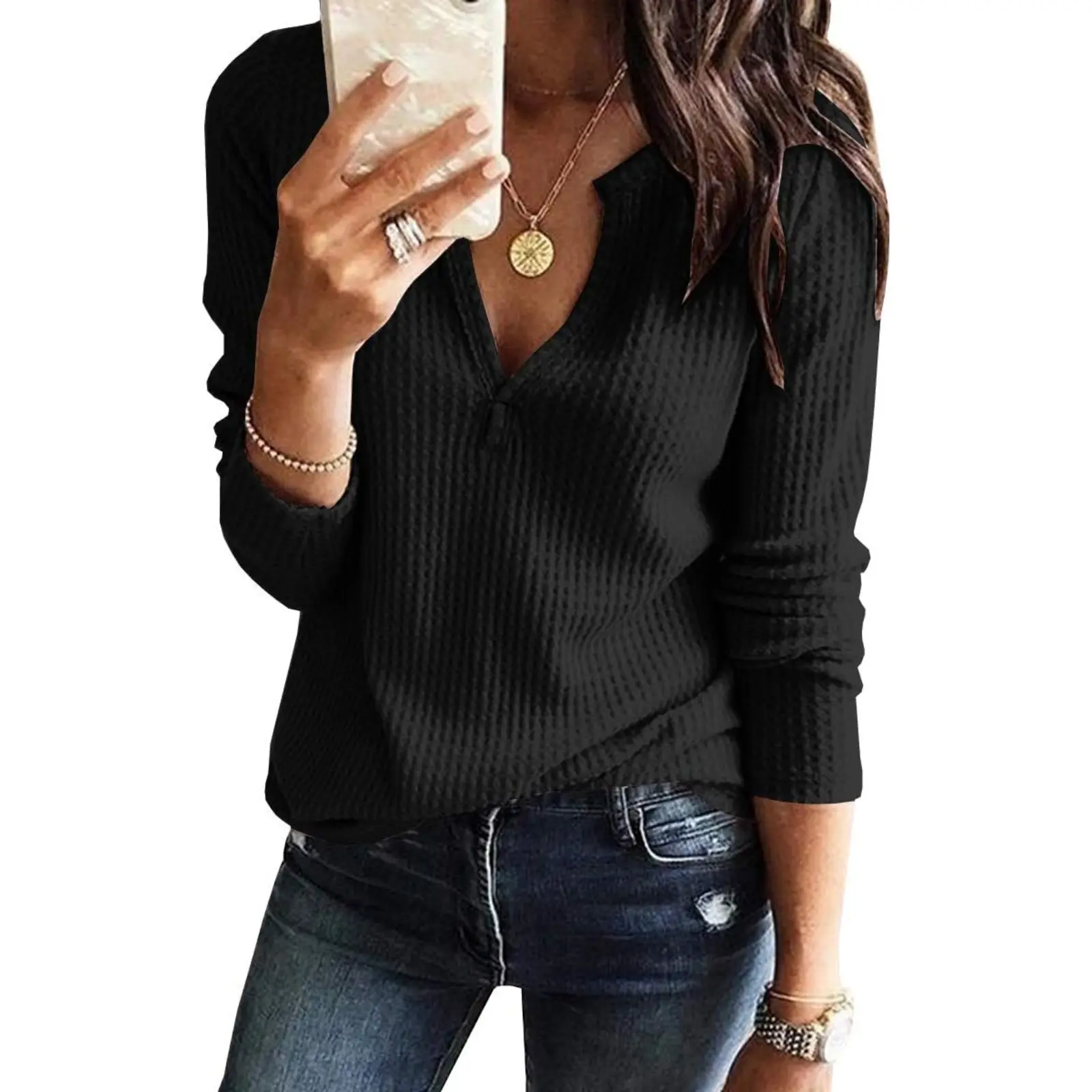 Tankaneo Women's V-Neck Simple Waffle Knit Poly-Cotton Blend Loose Fitting Longsleeve Pullover Sweater - Lightweight Warmth, Casual Fall Knitwear Top