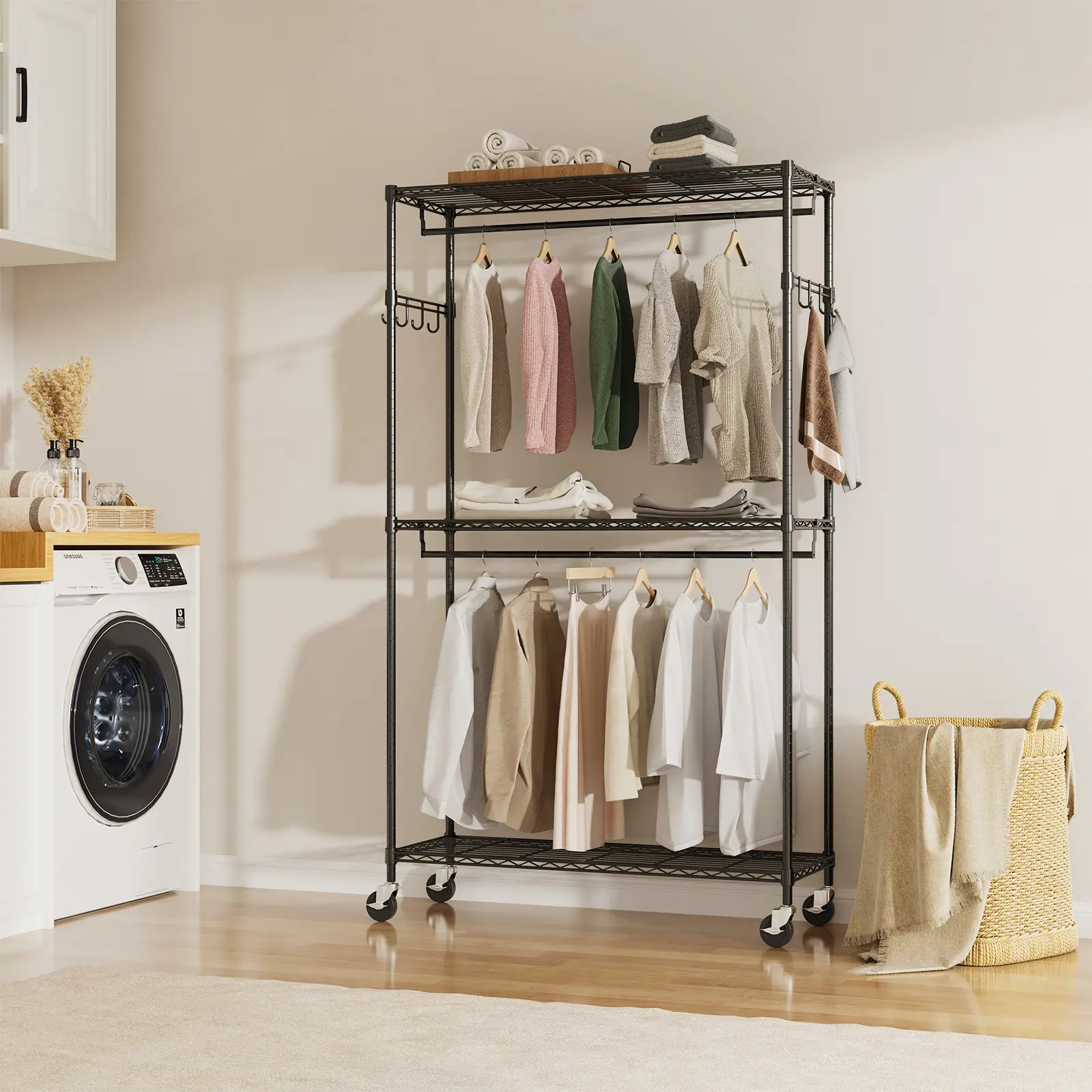 Rolling Clothes Rack with Wheels - Heavy Duty Adjustable Garment Rack with 3 Tier Shelves & Hooks, Portable Clothes Hanger for Hanging Clothes, Closet Organizer for Bedroom, Dorm, Apartment