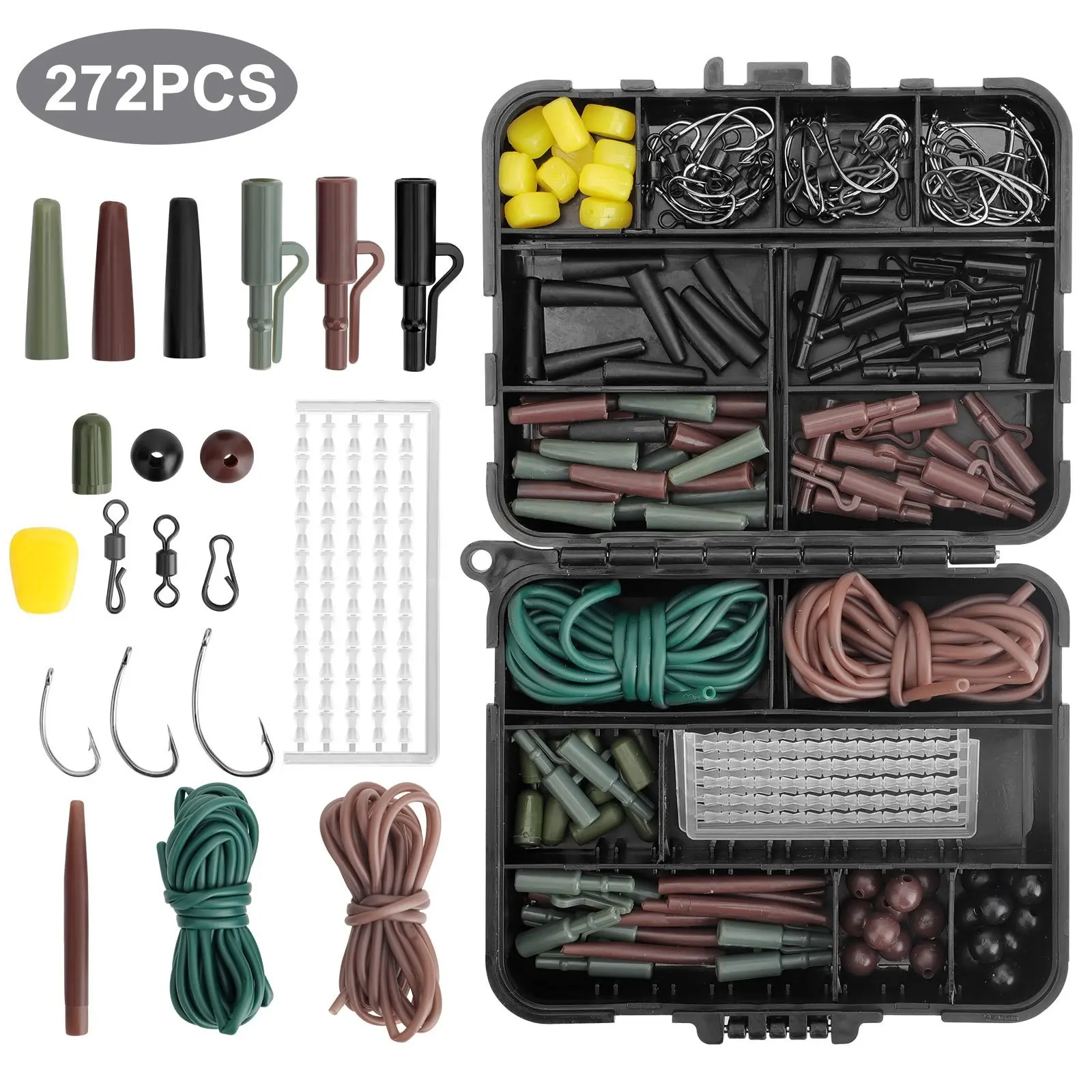 272pcs Carp Fishing Tackle Kit, Fishing Accessories Set with Tackle Box, Fishing Gear Set Including Hooks, Rubber Sleeves, Lead Clips & Anti-Tangle Sleeves, Ideal Gift for Anglers and Beginners