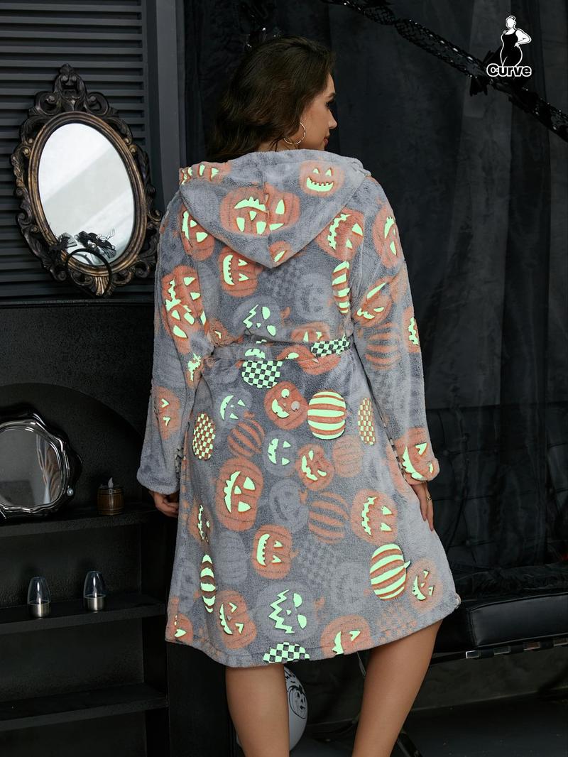 【Plus Size】 Halloween Themed Cartoon Pumpkin Print Glow In The Dark Belted Hooded Lounge Robe, Casual Long Sleeve Pocket Design Dressing Gown, Women's Fluffy Pajamas for Fall & Winter 【Plus Size】 Halloween Themed Cartoon Pumpkin Print Glow In The Dark Belted Hooded Lounge Robe, Casual Long Sleeve Pocket Design Dressing Gown, Women's Fluffy Pajamas for Fall & Winter