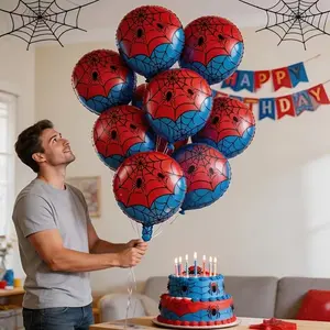 8pcs/18-Inch Blue Spider Grid Round Aluminum Foil Balloons, Halloween Spider Theme Spooky Decor, Birthday Wedding Party Gift Balloons
