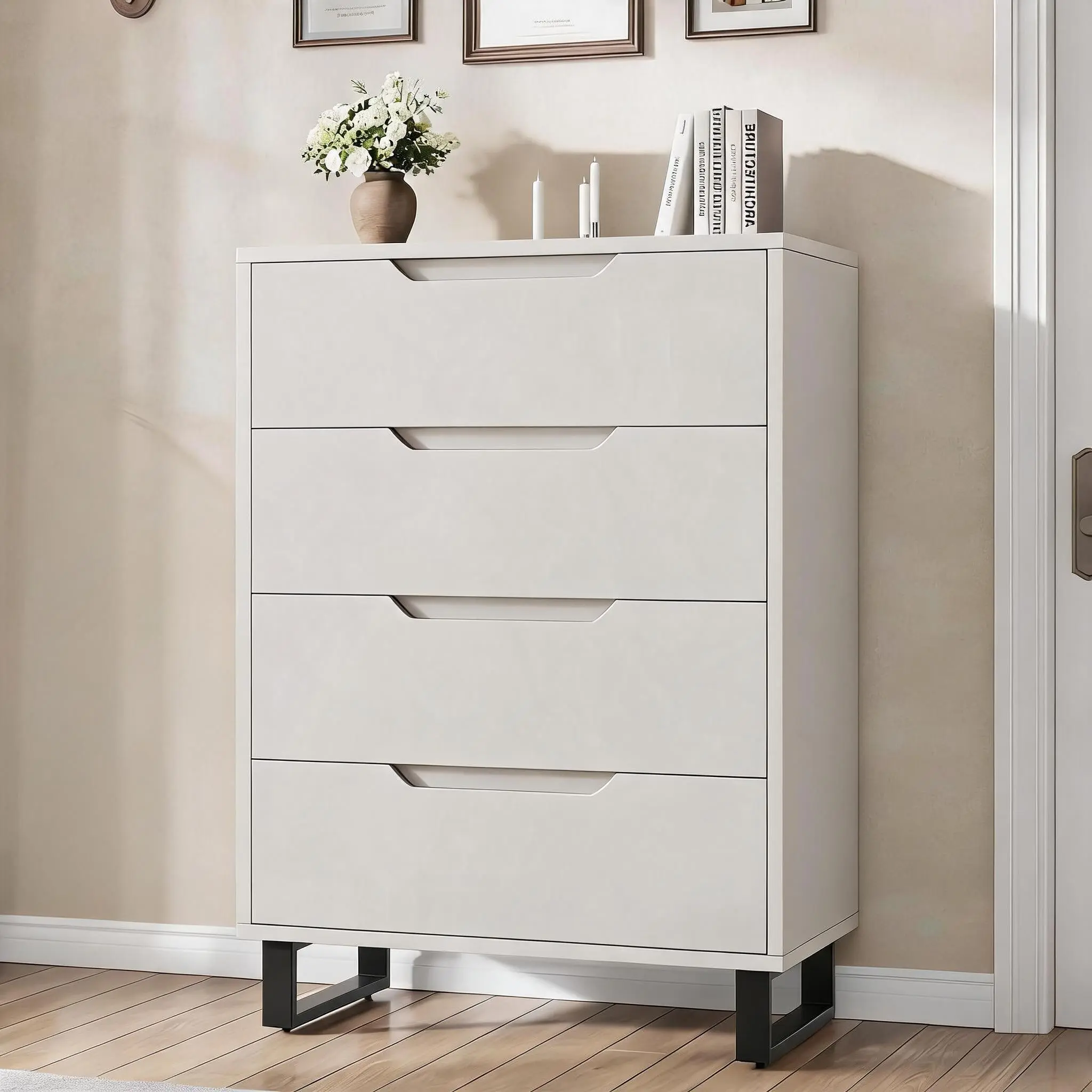 4 Drawer MDF Wood Dresser, 41.7in Vertical Bedroom Furniture Storage Chest with Detachable Legs, Wooden Organizer Cabinet for Living Room Furniture, Room Decor Use