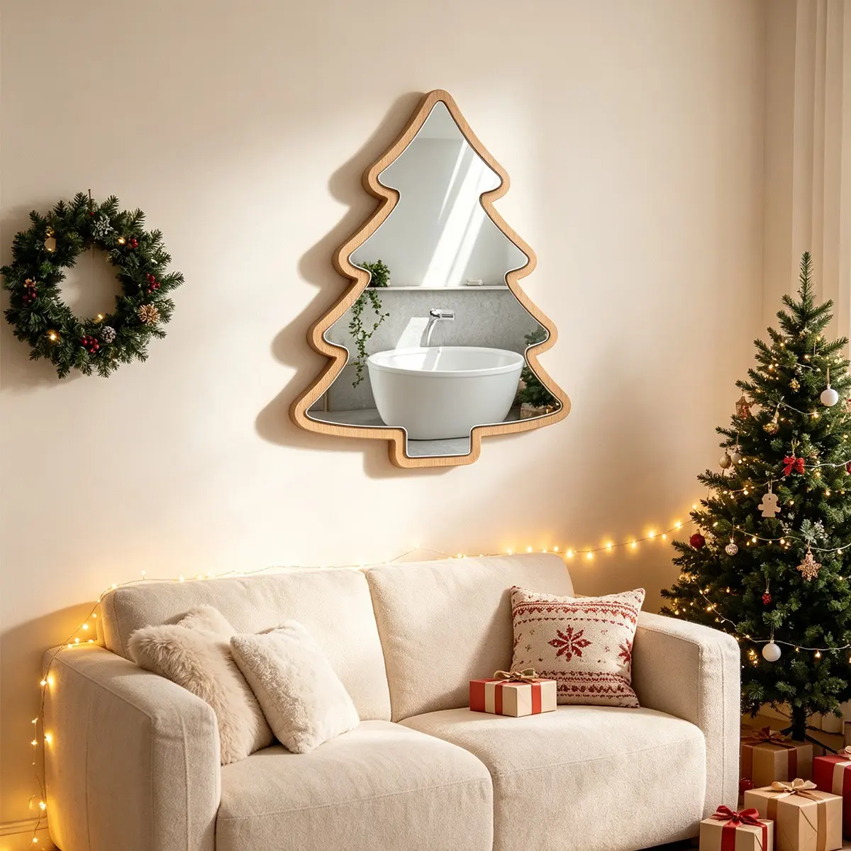 1pc Christmas Tree Shaped Wooden Frame Double Layer Acrylic Mirror Wall Sticker, Christmas Wall Decor, Mirror Decals for Living Room Bathroom Door, Christmas Gift, Xmas Party Decor, Dorm Mirror Wall Stickers, Home Decoration, Removable Wall Stickers