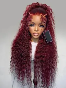 Burgundy Fashion 99j Natural Ultra-Soft 26-Inch 180% Density 13x4x1 Front Lace Wig, Super Kinky Curl Pre-Pulled Daily Use, Heat Resistant, Lace Curly Wig