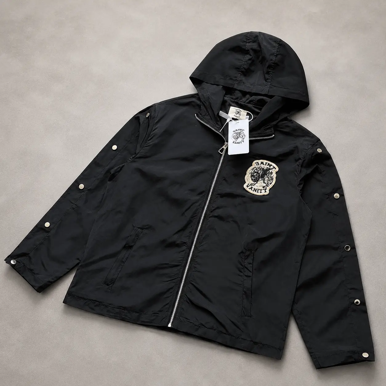 SAINT VANITY Embroidered Willow Nail Trench Coat Men Streetwear Techwear Hooded Jacket Zip Up Windbreaker Urban Casual Outerwear Y2K Grunge Fashion